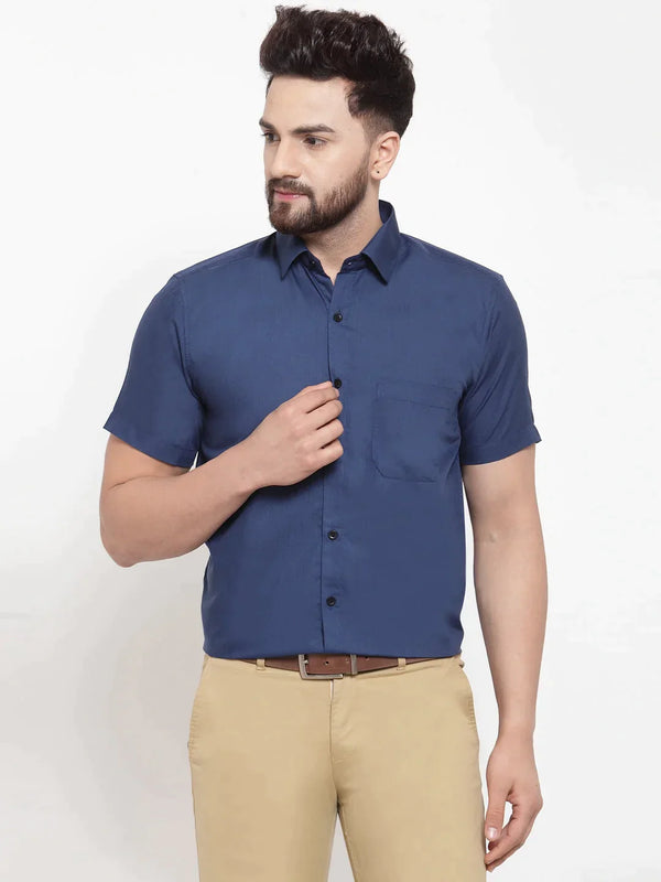 Blue Men's Cotton Half Sleeves Solid Formal Shirts | WomensfashionFun.com
