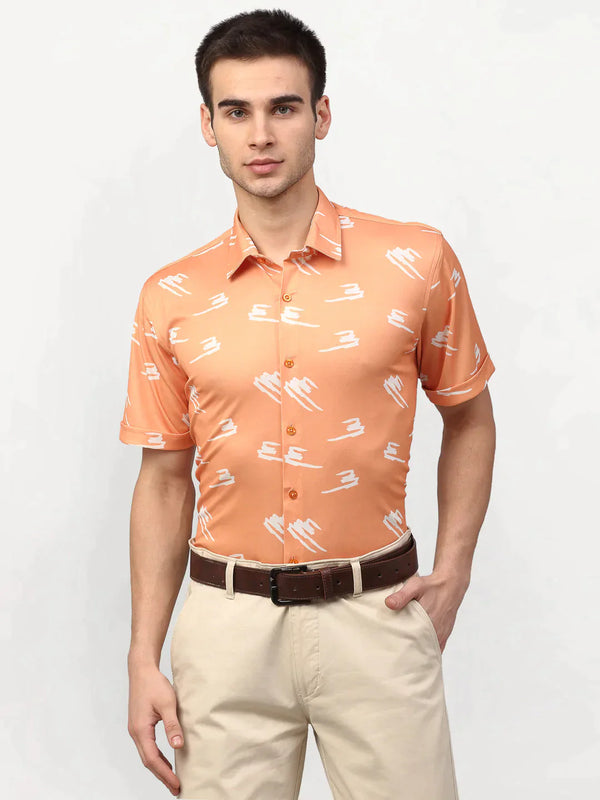 Peach Men's Printed Lycra Half Sleevess Formal Shirts | WomensFashionFun