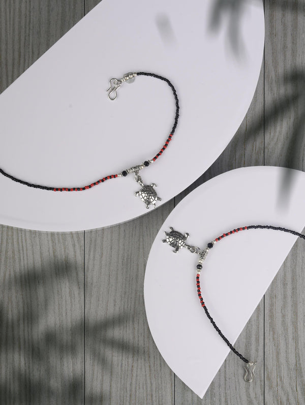 Red Black Stones Studded Silver Plated Oxidised Anklets | WOMENSFASHIONFUN.