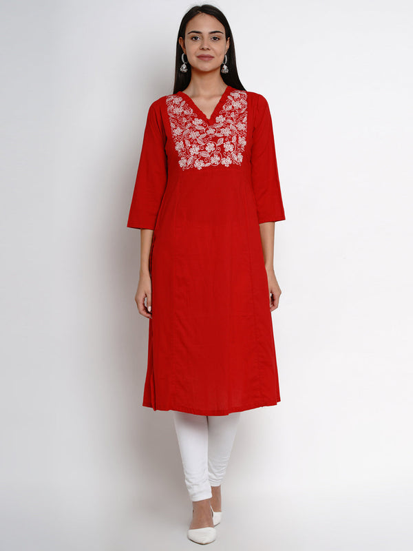 Red Kurta With White Yoke Embroidered Design Straight Kurta | womensfashionfun