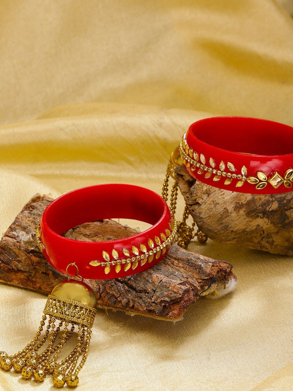 Set of 2 Stones Embellished Leaf Patterned Bridal Kaleera Bangles in Red Color | womensFashionFun.com
