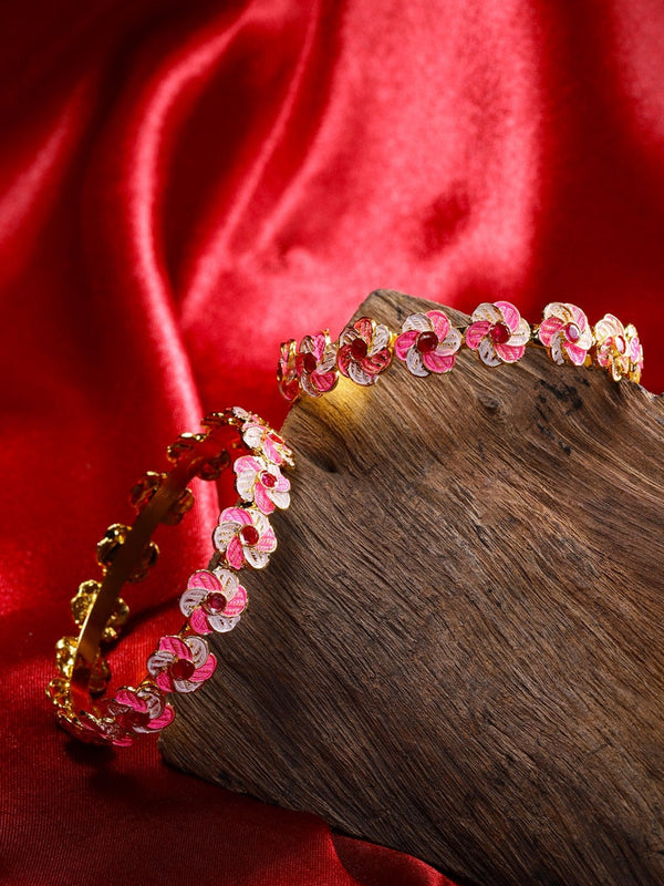 Set of 2 Gold-Plated Stones Studded, Pink & White Meenakari Bangles in Floral Pattern | womensFashionFun.com