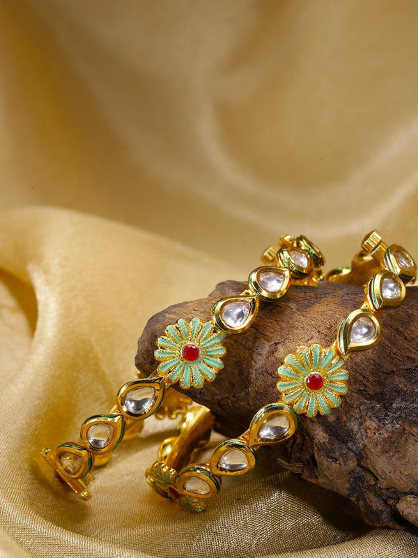 Set of 2 Gold-Plated Kundan Studded, Green Meenakari Bangles in Floral Pattern | WOMENSFASHIONFUN