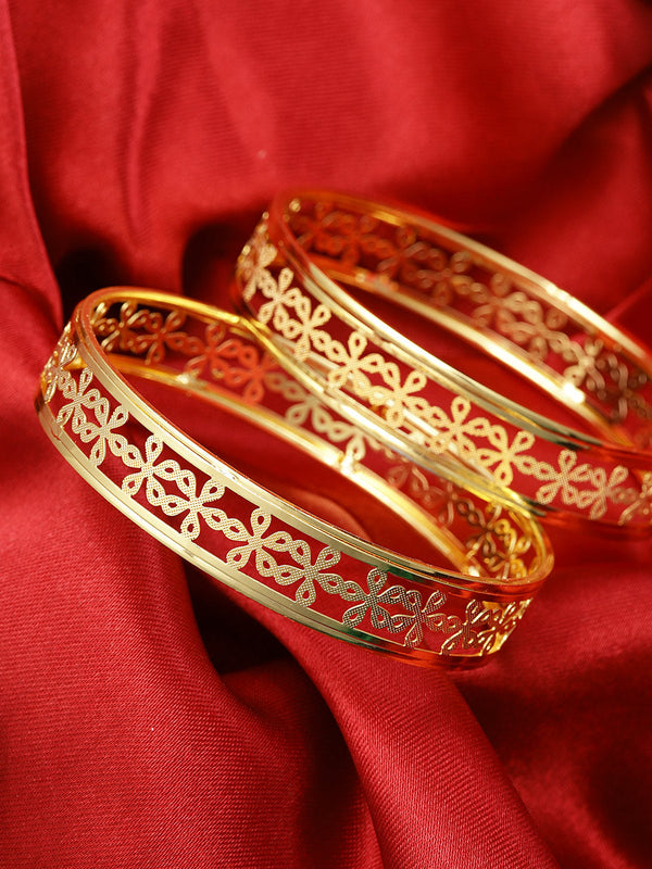 Set Of 2 Designer Gold Plated Flower Design Engraved Bangles For Women And Girls | WOMENSFASHIONFUN