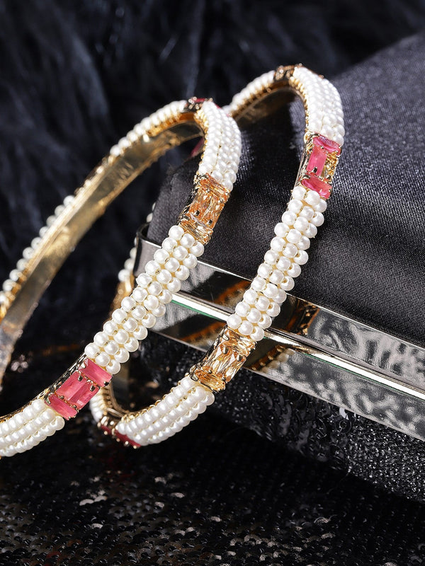 Set Of 2 Gold-Plated Pearls and Stones Studded Bangles in Pink and White Color | WOMENSFASHIONFUN
