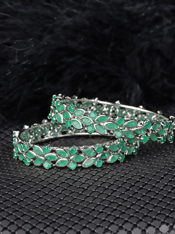 Set Of 2 Silver-Plated Emerald Studded Bangles in Floral Pattern | womensFashionFun.com