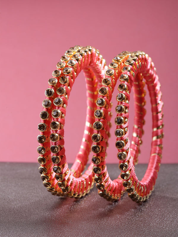 Set Of 4 Stones Studded Silk Threaded Bangles in Pink Color | womensFashionFun.com