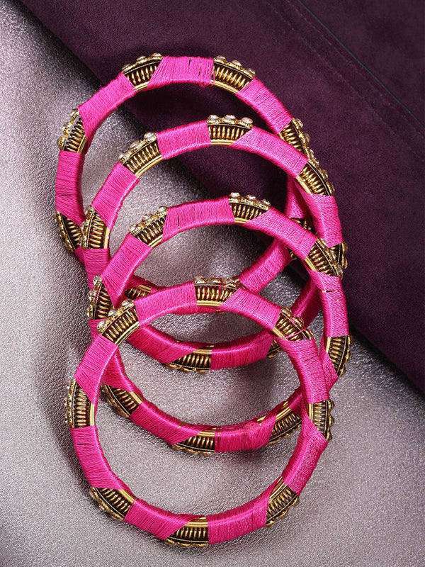 Set Of 4 Stones Studded Silk Threaded Bangles in Pink Color | WOMENSFASHIONFUN