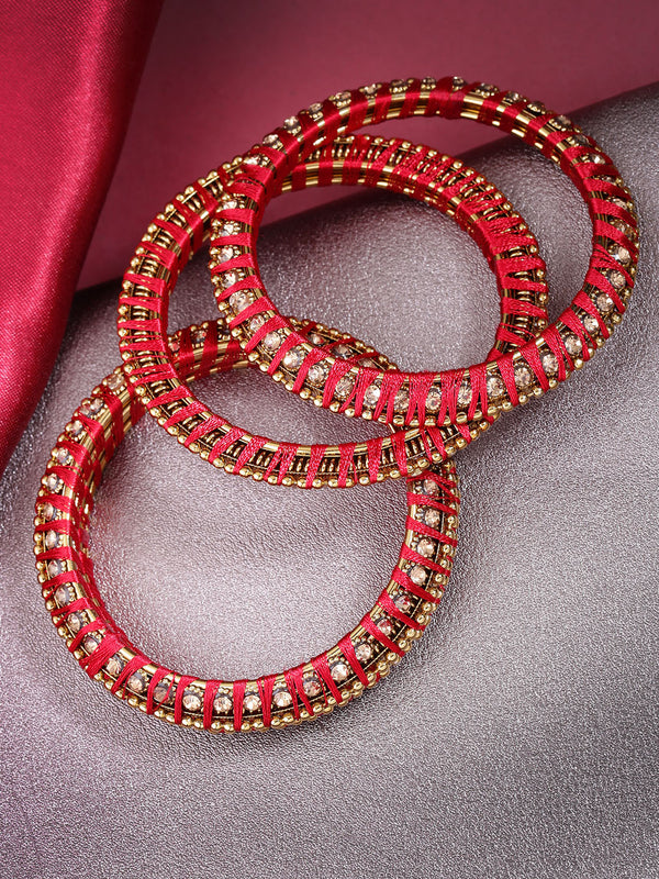 Set Of 4 Stones Studded Silk Threaded Bangles in Maroon Color | WOMENSFASHIONFUN