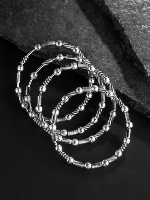 Set Of 4 Oxidised Silver-Plated Spring And Beaded Design Bangles | womensFashionFun.com