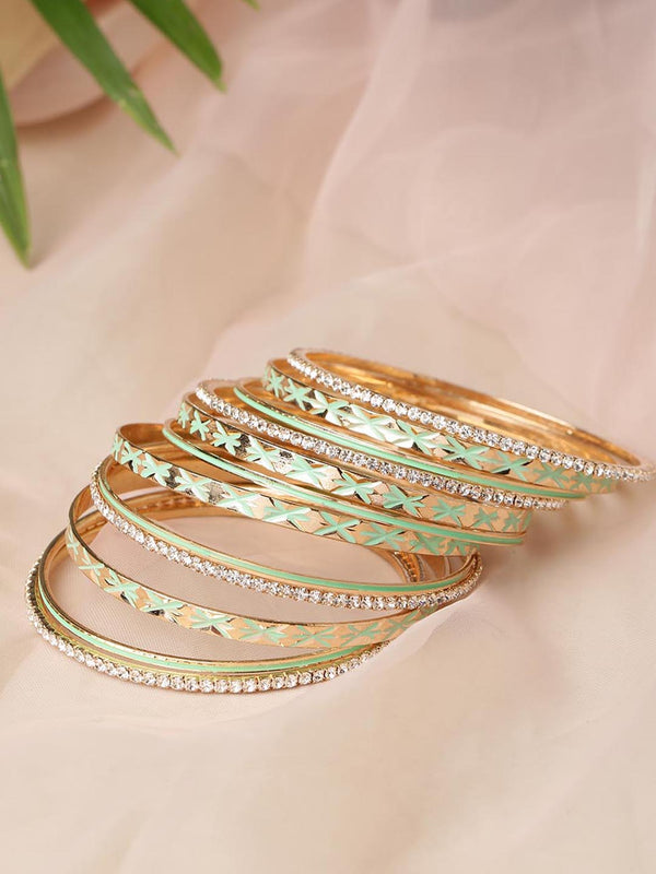 Set Of 12 Gold-Plated Stones Studded Mint Green Meenakari Bangles | womensFashionFun.com