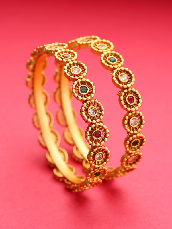 Set Of 2 Gold-Plated Multicolored Stones Studded Bangles in Floral Pattern | WOMENSFASHIONFUN