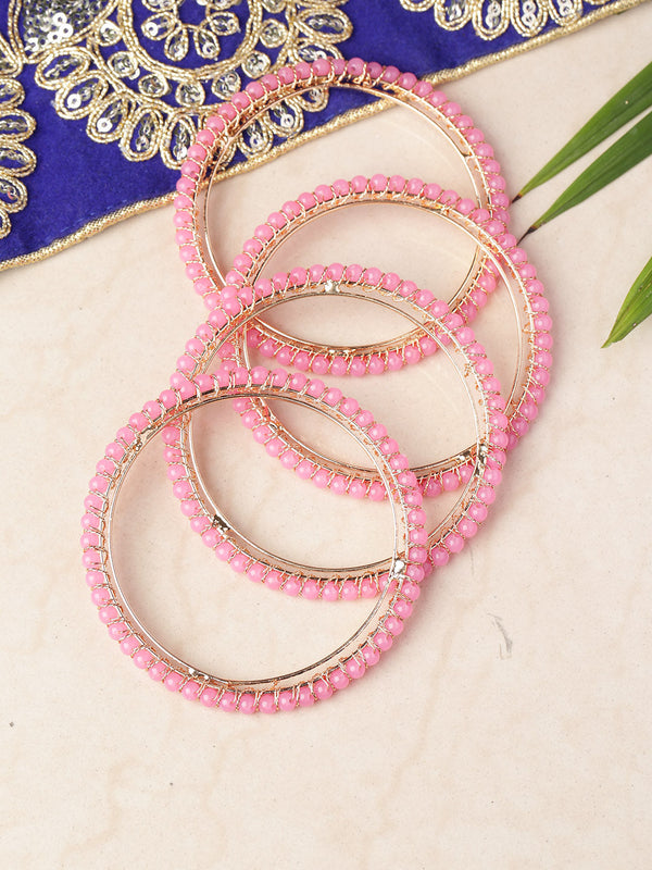 Set Of 4 Gold-Plated Pink Beaded Bangles | WOMENSFASHIONFUN