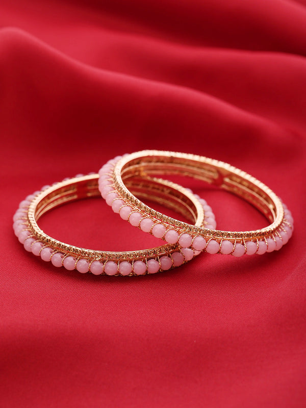 Set Of 2 Gold-Plated Stones Studded and Pink Beaded Bangles | WOMENSFASHIONFUN
