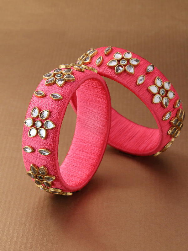 Set Of 2 Kundan Studded Coral Pink Threaded Bangles in Floral Pattern | WOMENSFASHIONFUN