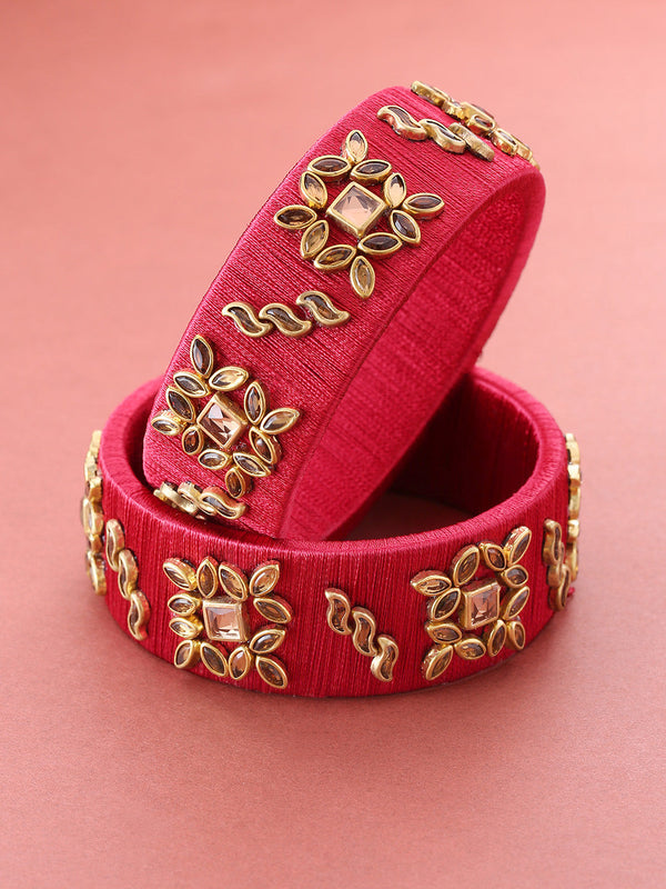 Set Of 2 Stones Studded Maroon Threaded Broad Bangles in Floral Pattern | WOMENSFASHIONFUN