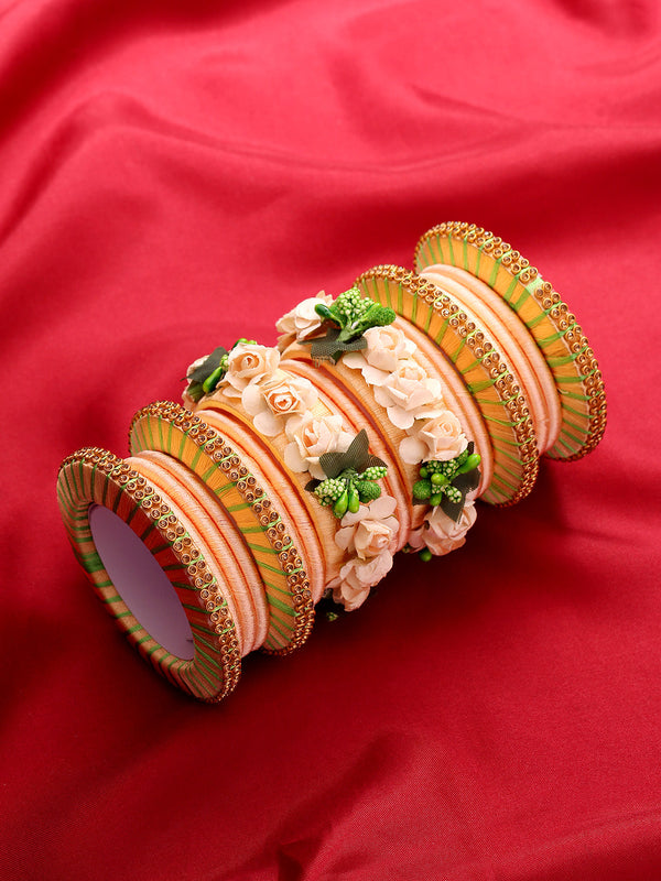 Set Of 18 Floral Handcrafted Silk Threaded Bangles For Mehandi in Peach And Green Color | WOMENSFASHIONFUN
