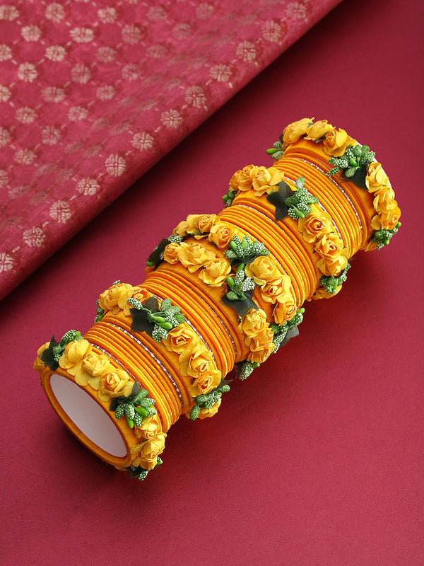 Set Of 46 Floral Design Yellow Colour Silk Thread Wound Bangle Set | WOMENSFASHIONFUN