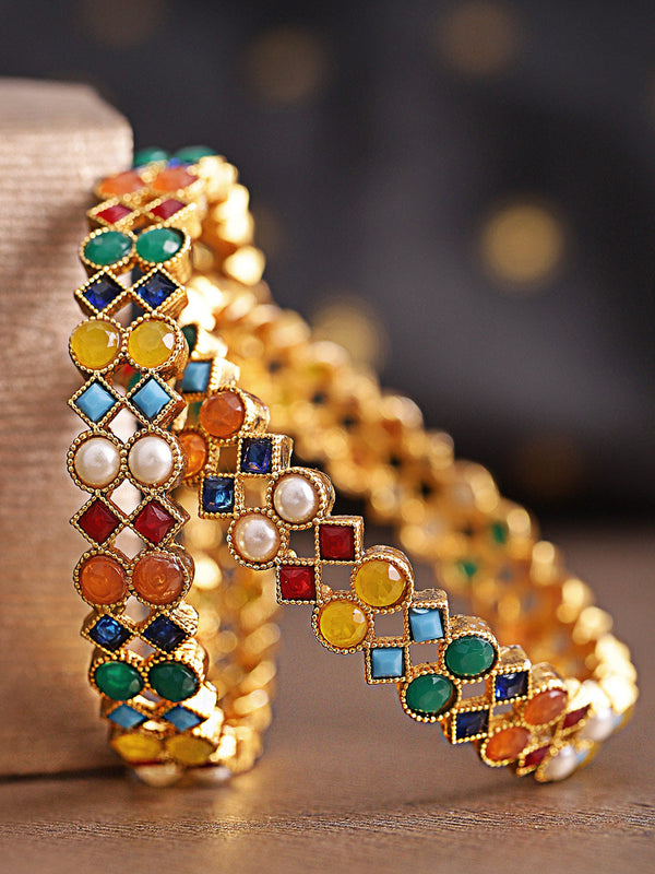 Set Of 2 Gold Plated Pearl And Multicolor Stones Studded Handcrafted Bangles | WOMENSFASHIONFUN