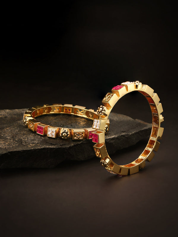 Set Of 2 Gold Plated AD And Red Stones Studded Geometric Pattern Multicolor Bangles | WOMENSFASHIONFUN