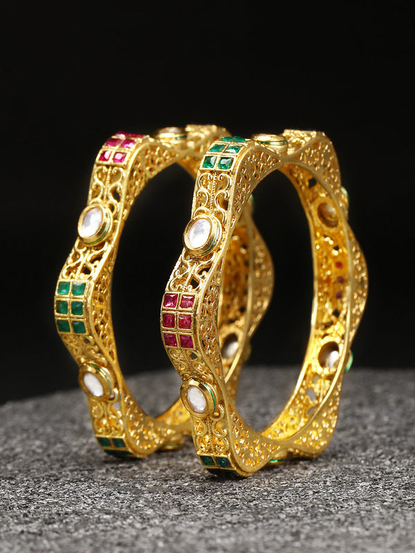 Set Of 2 Gold Plated Kundan And Multicolor Stone Studded Wave Patten Bangles | WOMENSFASHIONFUN