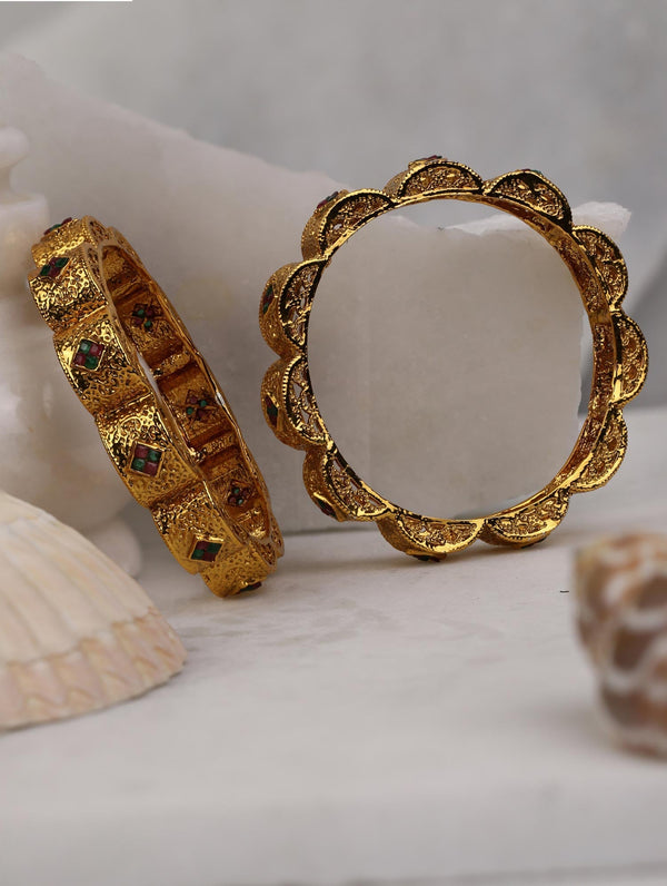 Set of 2 Gold Plated Ruby and Emerald Studded Bangles | womensFashionFun.com