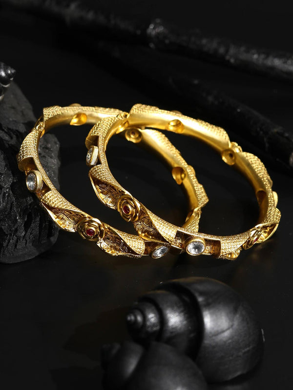 Artificial Stones Gold Plated Floral Set of 2 Bangle Set | WOMENSFASHIONFUN