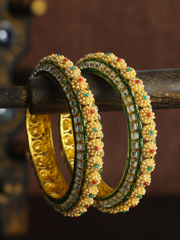 Multi Color Kundan Pearls Gold Platted Set Of 2 Bangles | WOMENSFASHIONFUN