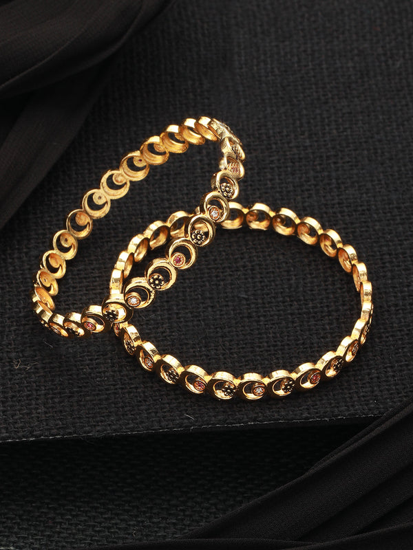 Round Floral Design Gold-Plated Bangle Set of 2 | WOMENSFASHIONFUN