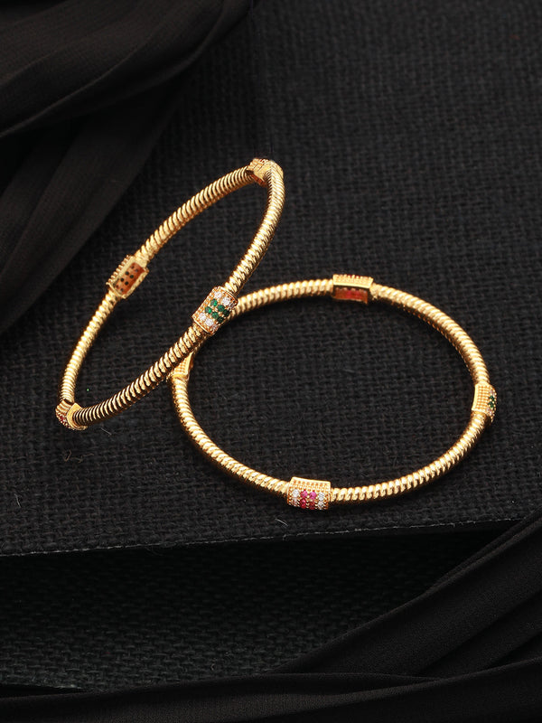 Spiral Pink & White Stone Studded Gold-Plated Bangle Set of 2 | WOMENSFASHIONFUN