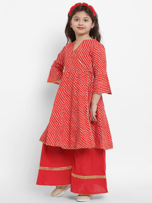 Girls Red Leheriya Printed Angrakha Kurta With Solid Palazzos | WomensfashionFun.com