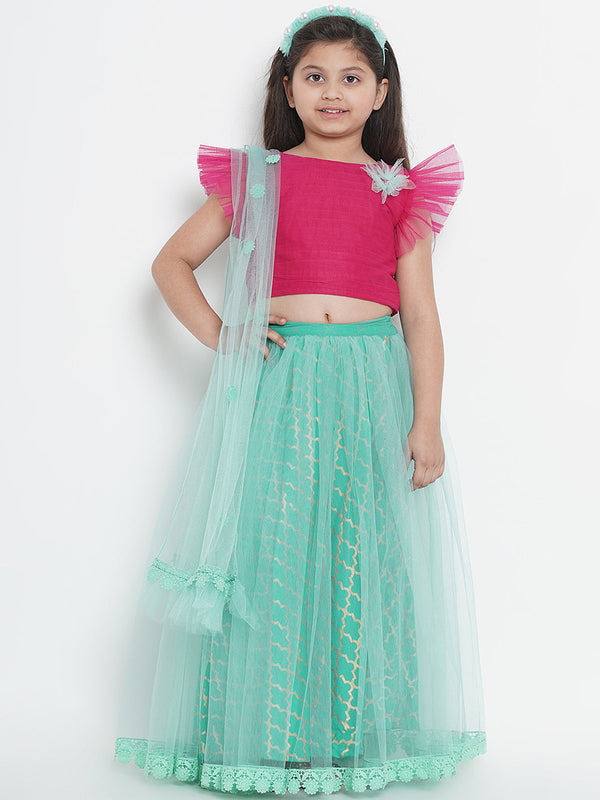 Girls Sea Green & Fuchsia Solid Ready To Wear Lehenga & Blouse With Dupatta | WomensfashionFun.com