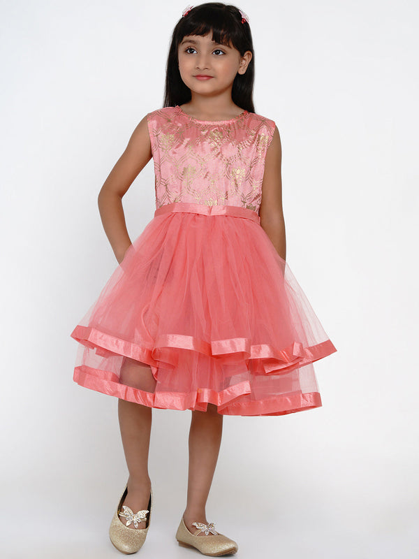 Girls Peach-Coloured Self Design Fit and Flare Dress | womensfashionfun