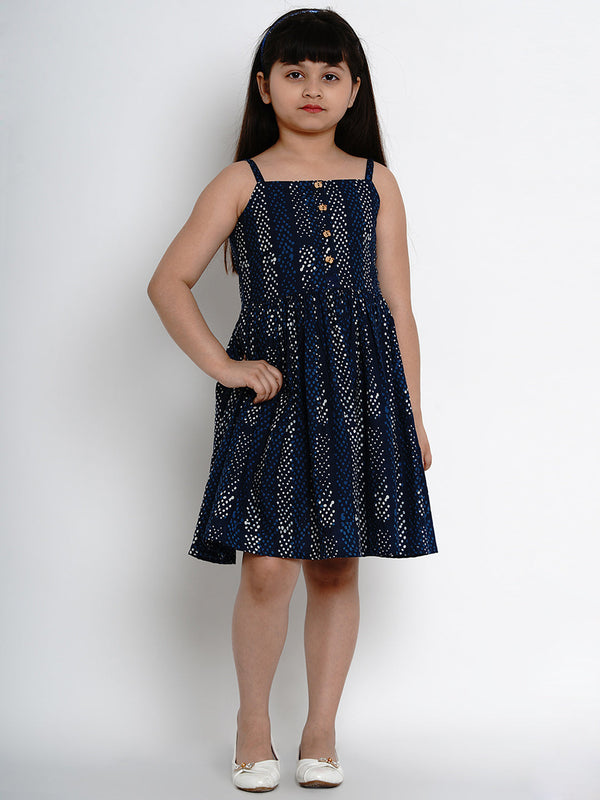 Girls Navy Blue Printed Fit And Flare Dress | womensfashionfun
