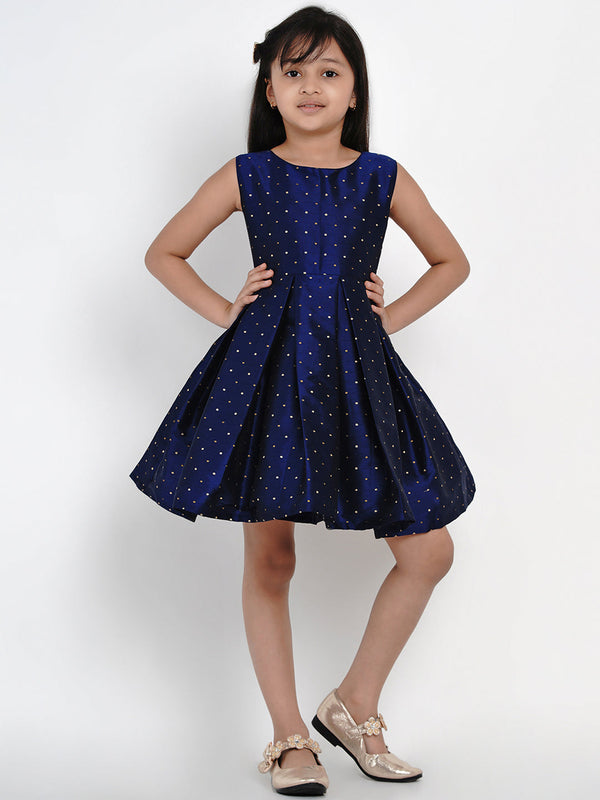 Girls Navy Blue Woven Design A-Line Fit And Flare Dress | WomensfashionFun.com