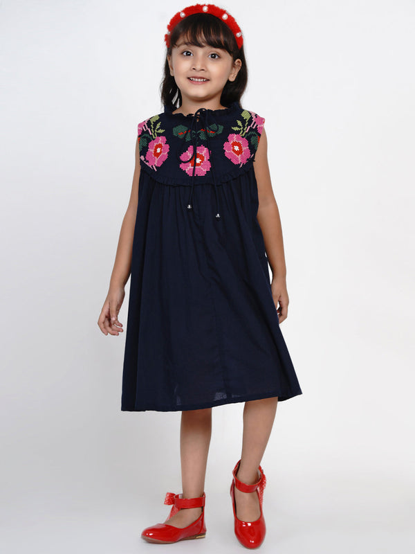 Girls Navy Blue Solid Fit And Flare Dress | womensfashionfun