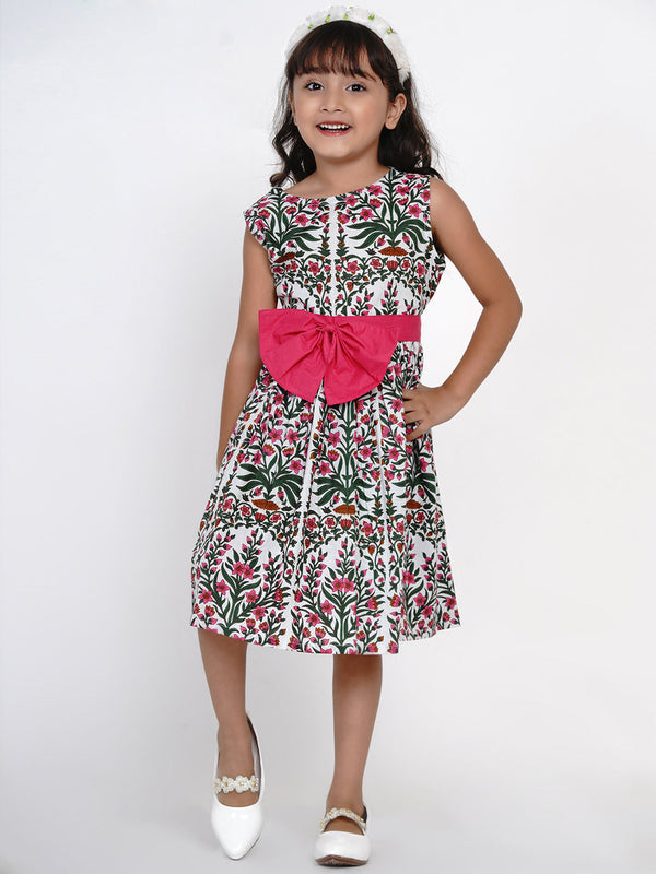 Girls White & Pink Printed Fit And Flare Dress | womensfashionfun