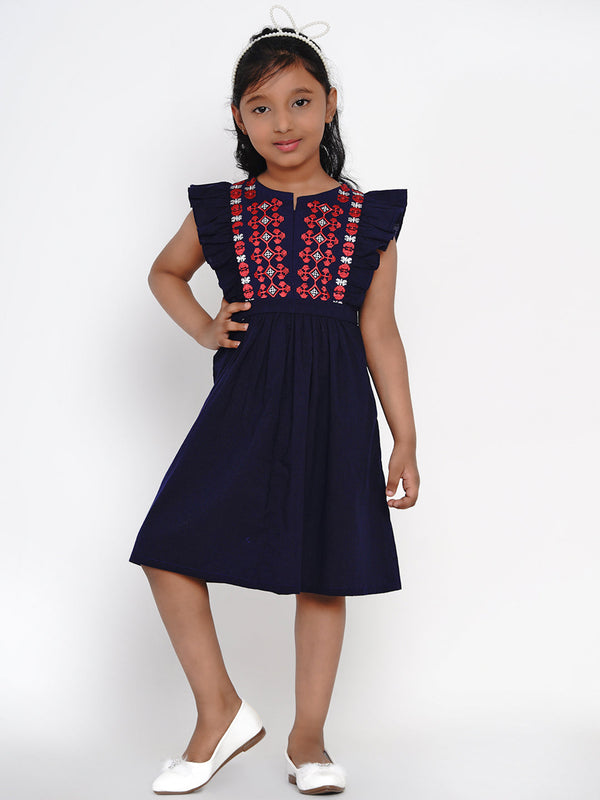 Girls Navy Blue Embroidered Fit And Flare Dress | womensfashionfun