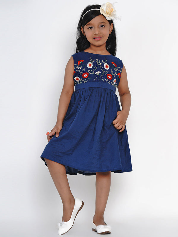 Girls Blue Embroidered Fit and Flare Dress | womensfashionfun