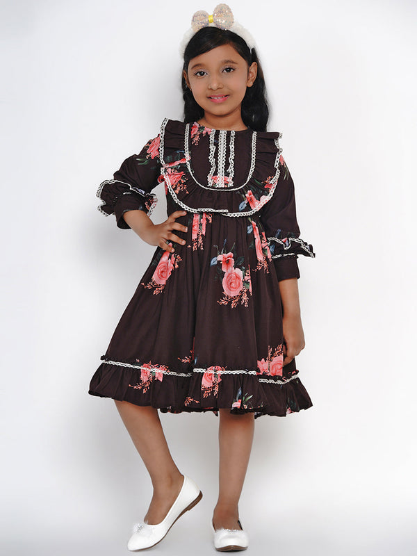 Girls Black Floral Printed Crepe Fit And Flare Dress | womensfashionfun