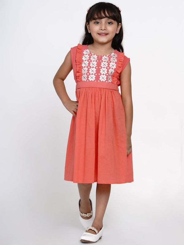 Girls Peach-Coloured Embroidered Fit And Flare Dress | womensfashionfun