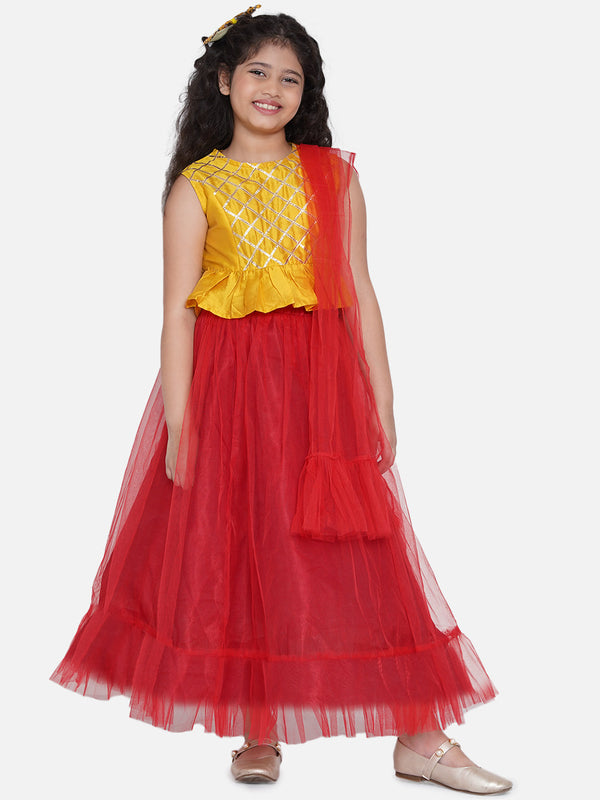 Girls Red & Mustard Embellished Ready to Wear Lehenga & Blouse With Dupatta | womensfashionfun