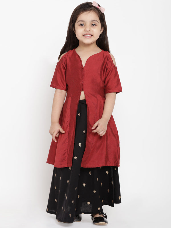 Girls Maroon & Black Solid Top With Skirt | womensfashionfun
