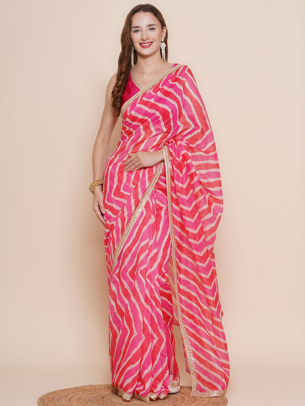 Pink Leheriya Printed Chanderi Sarees with Embellished border | womensfashionfun