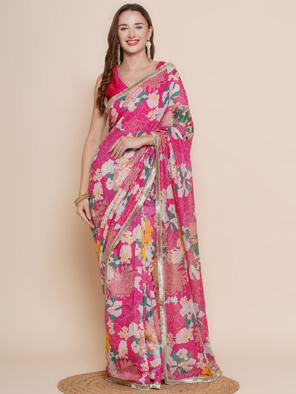 Pink Floral Multi Printed Chanderi Sarees with Embellished border | womensfashionfun
