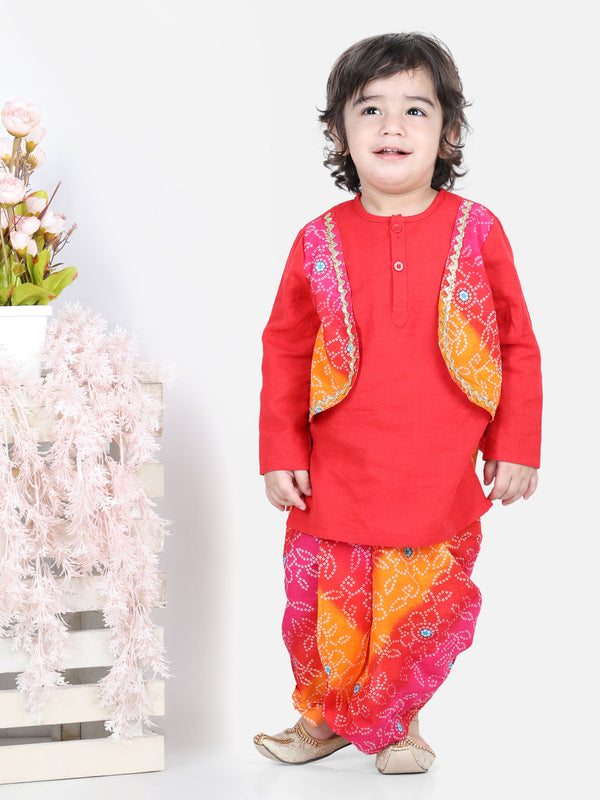 Attached Jacket 100% Printed Cotton Kurta Dhoti for Baby Boys - Red | WOMENSFASHIONFUN.