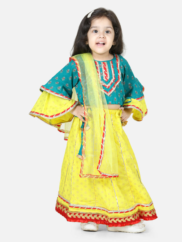 Printed Cotton Frill Sleeves Top with Lehenga for Girls- Green | WOMENSFASHIONFUN.