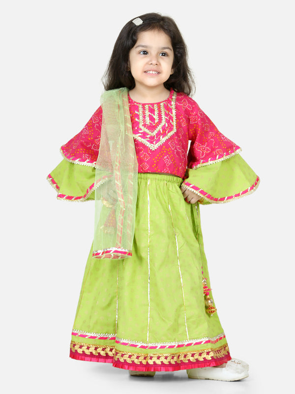 Printed Cotton Frill Sleeves Top with Lehenga for Girls- Pink | WOMENSFASHIONFUN.