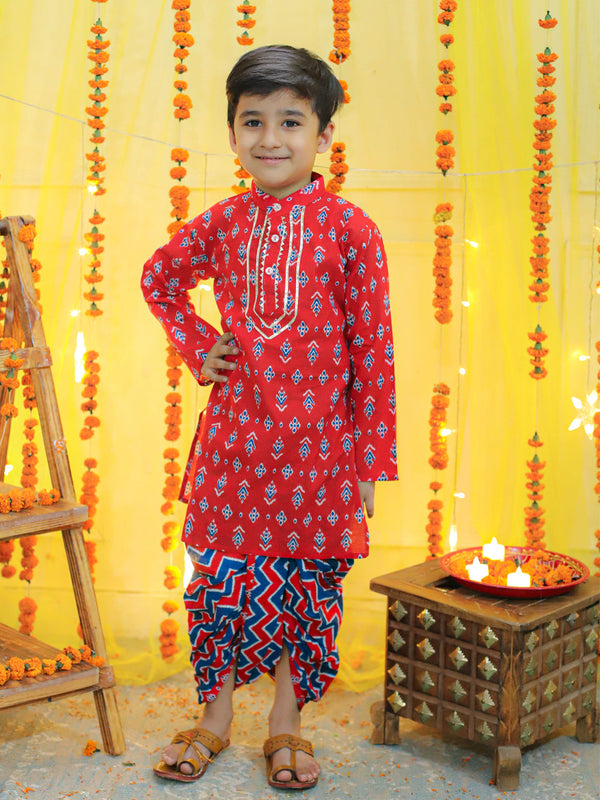 Boys Ethnic Festive Wear Pure Cotton Full Sleeve Dhoti Kurta  Red | WomenFashionFun