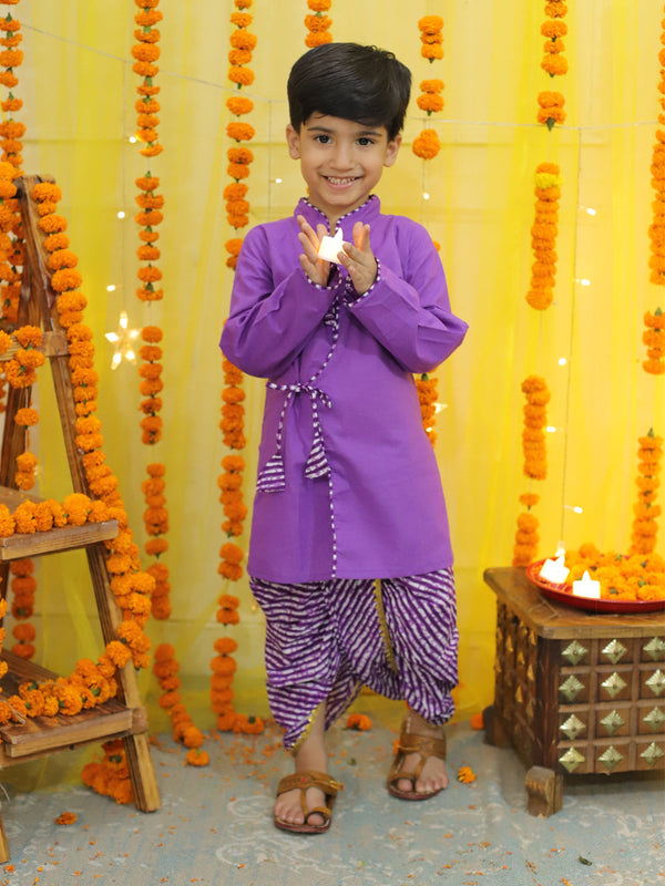 Boys Ethnic Festive Wear leheriya Printed  Pure Cotton Full Sleeve Dhoti Kurta Purple | WomenFashionFun